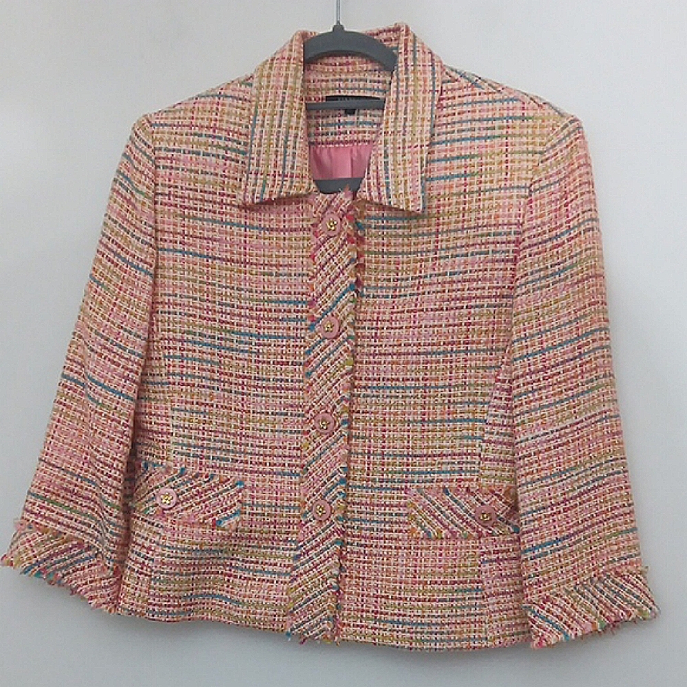 Henry Lee Tweed Jacket Women's Size 6P Pink Multicolored Blazer Flower Buttons